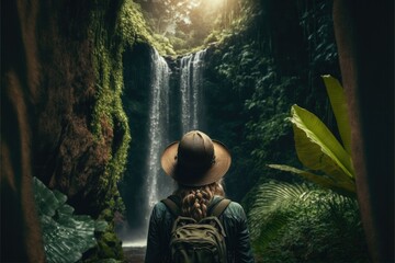 woman in front of a waterfall in a tropical forest, adventure, generative AI