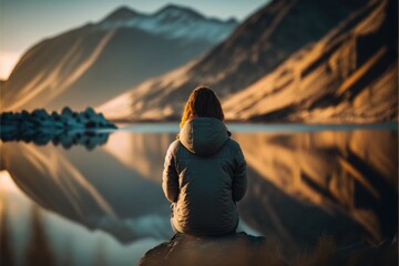 Woman sitting in front of a lake, adventure, Generative AI