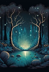 Poster - cartoon illustration, night landscape with lake under the moonlight, AI generative