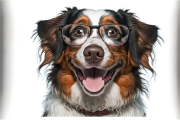 Wall Mural - Happy dog smiling with glasses, cute puppy, happy pet, vet day, isolated white background, Generative AI