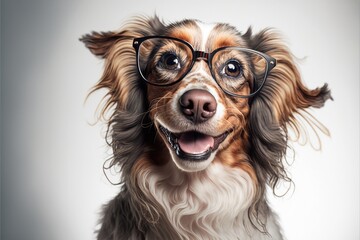 Wall Mural - Happy dog smiling with glasses, cute puppy, happy pet, vet day, isolated white background, Generative AI