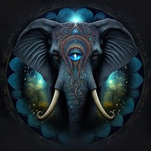 Blue Mystical Elephant. Awakening. Totem Animal. Fashionable Print On T-shirts, Hoodies, Sweatshirts, Towels And Clothes. AI Generative