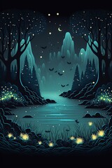 Poster - cartoon illustration, night landscape with lake under the moonlight, AI generative