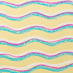 Wall Mural - yellow paper with wavy retro blue, pink, and white line pattern