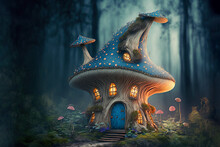 Cute Fantasy House. Fairy Tale Little Cottage In Magical Forest. Generated AI