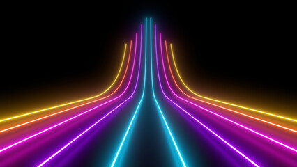 Wall Mural - sci fy neon glowing wave lines in a dark hall. reflections on the floor. 3d rendering image. abstrac