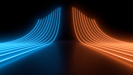 Wall Mural - sci fy neon glowing wave lines in a dark hall. reflections on the floor. 3d rendering image. abstrac