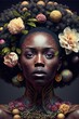 Afrofuturism Portrait of Botanical Black Goddess, AI Generated Illustration of a Nubian Nature Queen Surrounded by Flowers