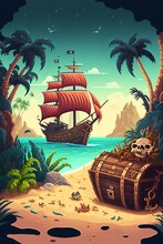 Cartoon Illustration, Pirate Ship On A Tropical Island, Generative AI