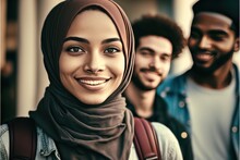 Smiling Middle Eastern Students Looking At The Camera Male And Female. Generative AI