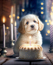 Cute Pet Puppy Dog, Sitting In Front Of A Birthday Cake With A Lit Candle Looking Sweet, Happy And Content.  Happy Birthday Celebration Image With Pup Is  Created With Generative Ai.