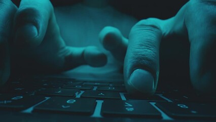 Hands of young man working with laptop computer. She is typing fast on keyboard: writing, coding or calculating. Shot in time-lapse