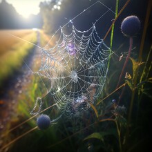 Spider Web On A Plant Covered With Morning Dew, Generative AI