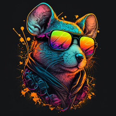  neon colored aviator mouse illustration, t-shirt print, generative AI