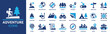 Adventure icon set. Containing hike, campfire, snorkeling, climbing, travel and canoeing icons. Outdoor activity concept. Solid icon collection.