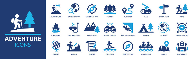 adventure icon set. containing hike, campfire, snorkeling, climbing, travel and canoeing icons. outd