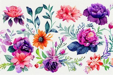 Wall Mural - Flower bouquet set watercolor pieces of artwork design. Spring and summer flower nature in style of hand drawn watercolor. Digital art 3D illustration.