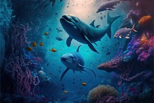 Underwater World Filled With Different Sea Creatures Like Dolphins, Whales, And Various Kind Of Fishes - Generative Ai