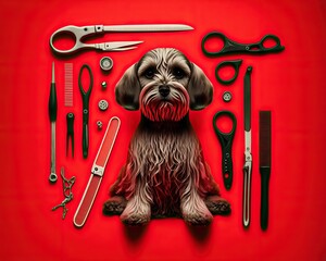 Wall Mural - Dog around which lies a various tool for wool care, on a red background, created with Generative AI technology. Pet grooming concept. Preparing for a haircut. Close-up.