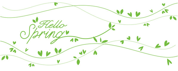 spring green leaves background. hello spring lettering and green leaves decoration illustration. sim