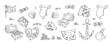© liu_miu - Pirate doodle set. Sketch of chest with coins, treasure map, compass and other pirate belongings. Vector illustration isolated in white background