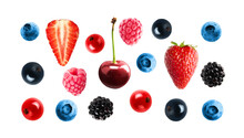 Collection Of Fresh Berries Isolated On Transparent Png. Strawberry, Blueberry, Cherry, Raspberry, Currant, Blackberry
