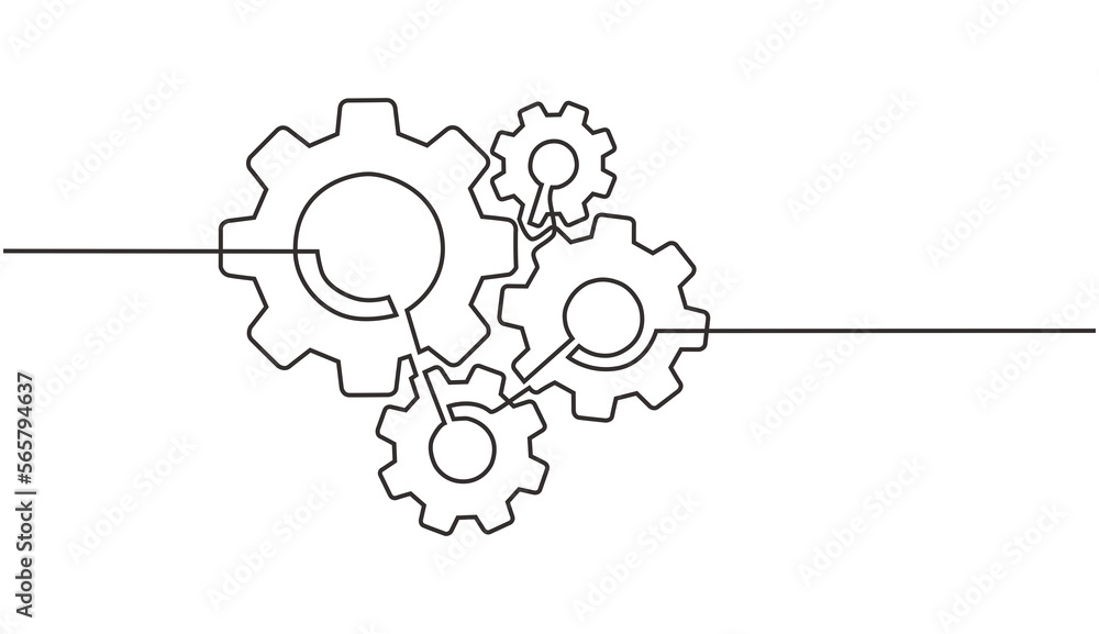 Continuous line drawing of machine gears. concept of gears on a machine in single line style. Engine gear technology concept in doodle style.