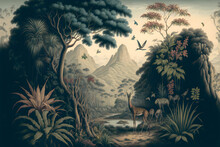 Jungle Wallpaper, Tropical Forests With Valleys, Deer, Colorful Birds And Butterflies In A Vintage Landscape Drawing.