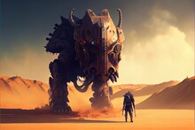 Apocalypse Warrior Facing A Giant Mechanical Beast In Desert. P1