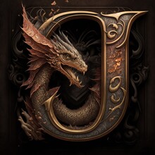 Dragon Letter J Logo: An Intricate Illustration Of A Fire-Breathing Mythical Creature In Word Art Design, Embellished With Ornate Details From Medieval, Ancient Chinese And Japanese Dragon Mythology