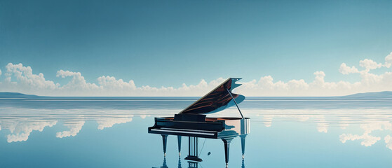 Piano sitting on clearing sea. sky. surreal. Generative AI. Beautiful scenery. Instrument