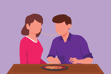 Sticker - Cartoon flat style drawing of happy couple having romantic date in restaurant eating pasta together. Man and woman enjoying romance in cafe. Celebrate anniversaries. Graphic design vector illustration