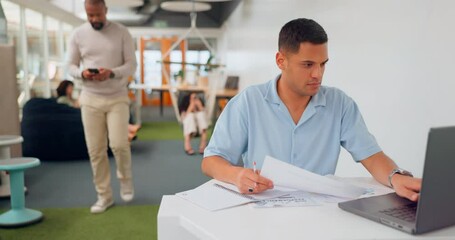 Leinwandbilder - Office documents, laptop and man writing feedback review of business savings, budget or finance portfolio. Accounting, administration and startup accountant working on financial research paperwork