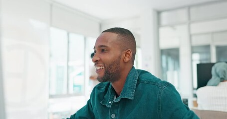 Businessman, startup and high five for motivation at desk with tablet, computer and support for friends in office. Black man, web design and team building in workplace for vision, advice or teamwork
