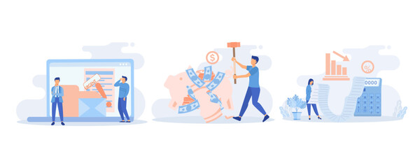 Wall Mural - Debt and loan. Characters having financial problems. People calculating long bill, reading urgent letter from collection agency and using savings to pay off debt. flat vector modern illustration