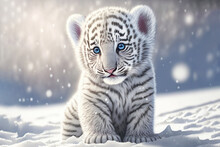 Cute Baby White Tiger Running On Snow , Generative Ai