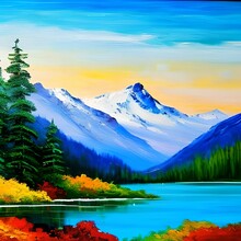Mountain And Lake View, Blue Sky, And Tree Forest Oil Paint Bob Ross Style