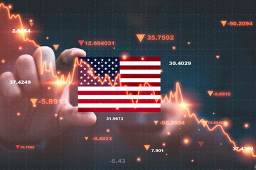 Wall Mural - Businessman holding USA flag with  red decreasing stock market graph chart for symbol of economic recession crisis concept.