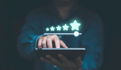 Poster - Businessman using tablet to review and give excellent rating from evaluation survey after use product and service , Customer experience and quality feedback concept.