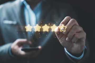 Poster - Businessman writing to review and give glowing golden stars for excellent rating from evaluation survey after use product and service , Customer experience and quality feedback concept.