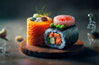 Fresh Beautiful Sushi Setup with Salmon Maki and Japanese Ingredients. Ai generated