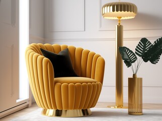 Wall Mural - Yellow velvet armchair and lamp created by generative AI