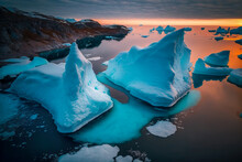 Aerial View Of Sea With Stunning Icebergs At Sunset, Generative AI