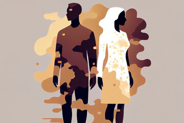 cartoon style illustration of two person with vitiligo skin on white background , love yourself and body positive concept . ai