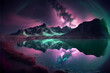 Arctic aurora borealis over night lake in sky, polar lights natural landscape . AI