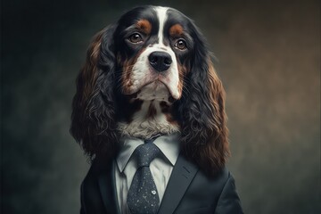 Portrait of a Spaniel dog dressed in a formal business suit, generative ai	
