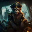 Captain Pirate Zombie monkey portrait during a haunted night in ocean or ship