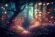 © Katynn - Fantasy fairy tale background with forest and blooming path. Fabulous fairytale outdoor garden and moonlight background.