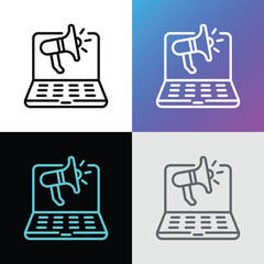 Wall Mural - Digital marketing thin line icon. Open laptop with megaphone. Advertising in social media. Online strategy for promotion. Pixel perfect, editable stroke. Vector illustration.