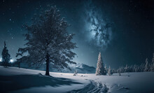 A Forest On A Winter Night, A Path, A Clear Sky, Snowdrifts And A Snow-covered Tree. Christmas Postcard, 2023, Winter Background